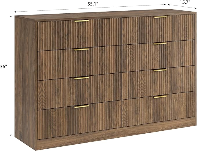 3-Piece Modern Bedroom Furniture Set, Wide 8-Drawer Dresser & 1-Drawer Nightstands Set of 2, Natural Wood Dresser and Nightstand Sets for Bedroom, Hallway, Walnut