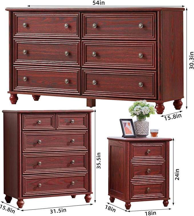 Farmhouse Dressers & Night Stand Set of 4, Wood 54" Wide 6 Drawer Dresser & 35" Tall Chest of Drawers, 18" Roman Column Nightstand Set of 2, Bedroom Furniture Dresser Sets for Home Living Room Hallway