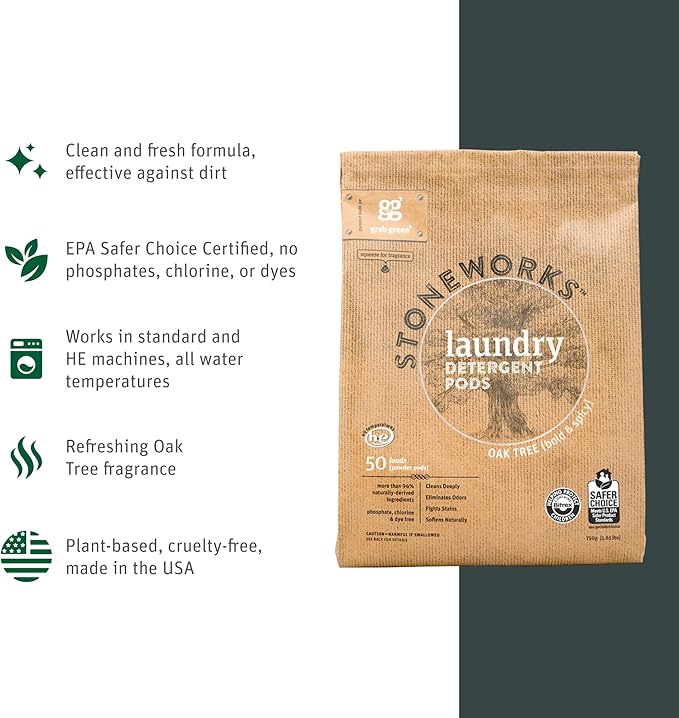 Grab Green Stoneworks Laundry Detergent Pods Sample Kit, 10 Count, Birch Branch, Fragrance Free Rain, Oak Tree, Olive Leaf, Rose Petal Scents, Plant a Tree