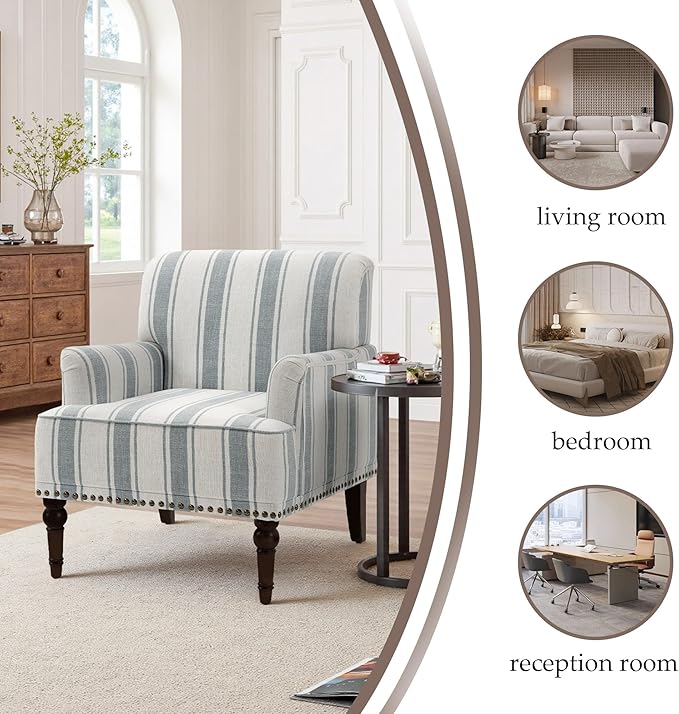Pia Ricco Stripe Accent Chair-Modern Nailhead Trim & Wood Legs Armchair - Comfy Living Room, Bedroom, or Home Office Seating-Light Blue