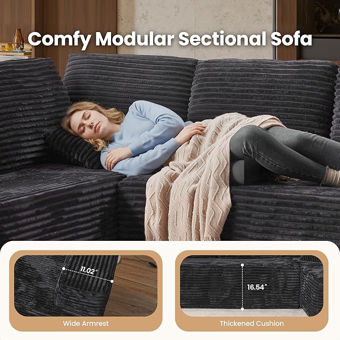 Cloud Sectional Couch with Chaise, Boneless U-Shaped Cloud Couch with Deep Seat, Soft Plush Modern Minimalist Sofa, Assembly Free Modular Floor Sofa for Office Living Room Apartment, Black