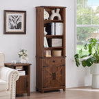 72in Tall Bookshelf 7 Tier Bookcase with Drawer and Barn Doors and Adjustable Shelves, Brown Farmhouse Book Shelf with Storage Cabinet, Wood Freestanding Display Bookshelves for Kitchen (2PCS)