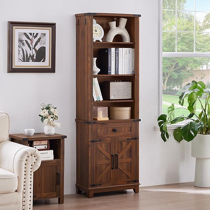 72in Tall Bookshelf 7 Tier Bookcase with Drawer and Barn Doors and Adjustable Shelves, Brown Farmhouse Book Shelf with Storage Cabinet, Wood Freestanding Display Bookshelves for Kitchen (2PCS)