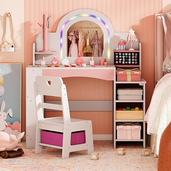 Costzon Kids Vanity, Girls Vanity Set with Lighted Mirror, Bookshelf, Jewelry Storage, Toddler Makeup Vanity Desk Dressing Table, Wooden Kids Vanity Table and Chair Set (White)
