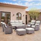 Swivel Patio Chairs Sofa Set of 8 with 6" Thick Cushion - Wicker Outdoor Swivel Rocker Patio Chair,Sofa/Glass Coffee Table, High Back Comfortable Outdoor Glider Chairs - Brown Wicker | Beige Cushions