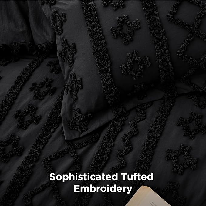 Bedsure Tufted Boho Comforter Set Full Size - Black Boho Bed Set, GentleSoft™ 3 Pieces Farmhouse Shabby Chic Embroidery Bedding, Gifts for Woman, Soft Jacquard Full Comforter for All Seasons