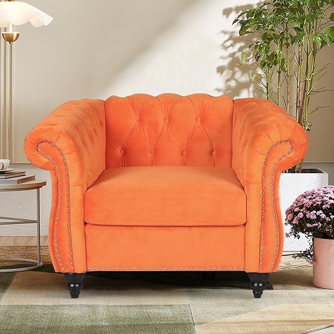 2 Piece Living Room Sofa Set, 3 Seater Velvet Sofa Couch and Chair Set, Mid Century Modern Upholstered Couch with Cushions, Comfy Tufted Chesterfield Couches for Living Room, Bedroom, Office