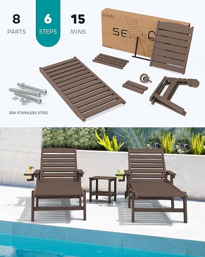 SERWALL Patio Chaise Lounge Chair Set of 2, 78'' Long 5-Positions Adjustable HDPE Outdoor Lounger for Pool, Poly Lounge Chair with Rolling Wheels & Cup Holder for Poolside, Deck, Coffee Brown