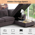 RISAR 100" L-Shaped Sofa with Chaise and Built-in Storage for Living Room, Couch with Chenille Fabric, Removable Cushion Covers & USB Type-C Ports (Dark Gray)