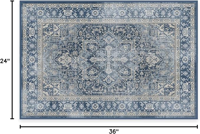 RUGGABLE Washable Area Rug – Kamran Admiral Blue 2x3, Stain-Resistant, Non-Slip – Small Machine Washable Rugs for Living Room, Bedroom, Hallway, Entryway & Bathroom–with Cushioned Pad
