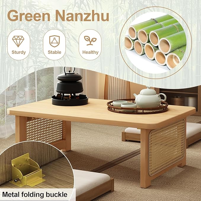 Foldable Japanese Floor Table Lightweight,No Assembly Required, Eco-Friendly Wood,Low Table for Sitting on the Floor, Perfect for Tatami,Meditation,Living Room Use (Natural Wood Color, 47.24 INCH)