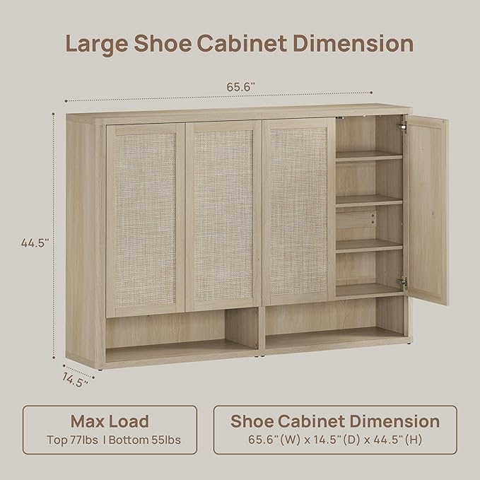 SICOTAS Rattan Shoe Storage Cabinet - Modular Shoe Cabinets with Door Tall Large Shoe Cabinet Storage for Entryway - 65.6" Wide Modular Cabinet for Hallway, Living Room