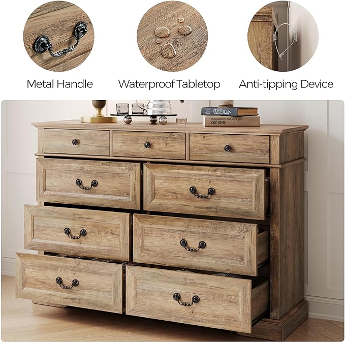 LINSY HOME 9 Drawers Dresser for Bedroom, Wide Wood Chest of Drawers with Metal Handle, Farmhouse Tall Drawer Organizer for Bedroom, Closet, Living Room, Hallway and Entryway, Rustic Oak
