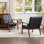 STHOUYN Black Leather Accent Chair for Office, Waiting Room Lobby Chair with Wooden Arms, Mid Century Modern Small Armchair Living Room Sofa Set (Black (Chair))