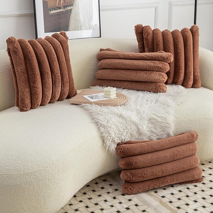 Neelvin Brown Faux Fur Cozy Soft Stripe Decorative Throw Pillow Covers 26x26 inch Set of 2,Velvet Pillowcase Cushion Case for Sofa Couch