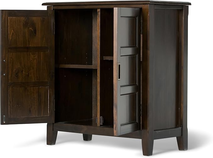 SIMPLIHOME Burlington SOLID WOOD 30 inch Wide Transitional Low Storage Cabinet in Mahogany Brown for the Living Room, Entryway and Family Room
