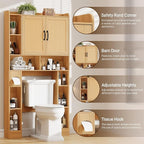 Vabches Farmhouse Style Rattan Over-The-Toilet Storage Cabinet with 2 Rattan Doors, Toilet Paper Holder - Space-Saving Oak Bathroom Organizer.