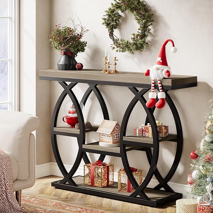 Tribesigns 39.4" Console Table, Industrial 4-Tier Sofa Table Entryway Table with Storage Shelves, Narrow Wood Accent Tables with Metal Frame for Small Spaces, Hallway, Foyer, Grey