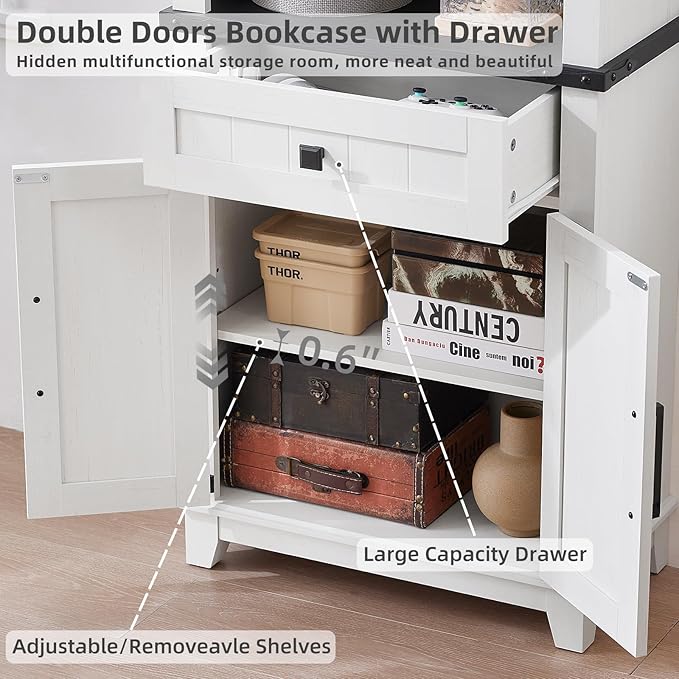 72in Tall Bookshelf 7 Tier Bookcase with Drawer and Barn Doors and Adjustable Shelves, White Farmhouse Book Shelf with Storage Cabinet, Wood Freestanding Display Bookshelves for Kitchen (2PCS)