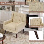 Faux Leather Accent Chairs Set of 4, Mid-Century Modern Upholstered Armchair, Comfy Living Room Chairs Reading Chairs with Button Tufted Back & Solid Wood Legs for Bedroom, Office, Cream
