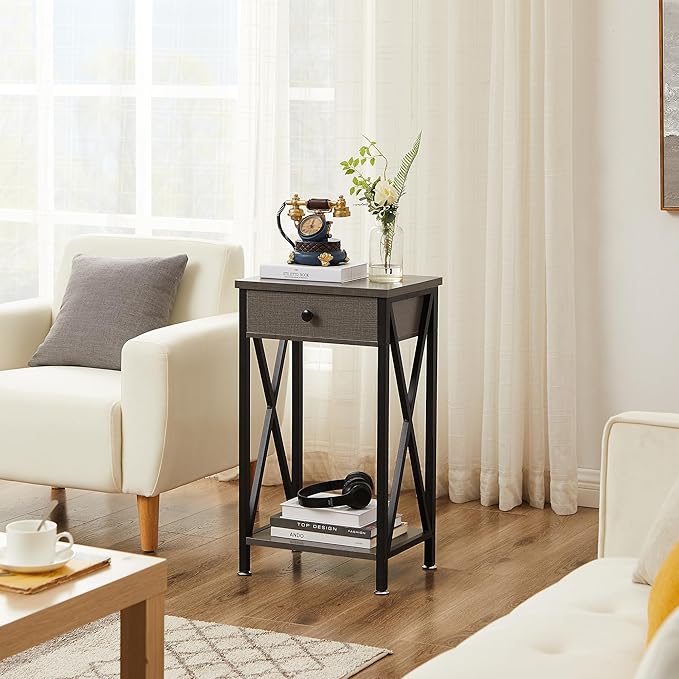 VECELO Tall Nightstand Set of 2,27.6 inch Wooden End Table with Metal X-Frame,Side Table with Drawer and Storage Shelf for Living Room Bedroom Entryway Small Spaces