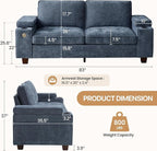84" Loveseat for Living Room,Modern Chenille Upholstered 2-Seater Loveseat Couch for Apartment,Solid Wood Sofa with Adjustable Storage Armrest,Cup Holders,USB & Type-C Ports(Blue)
