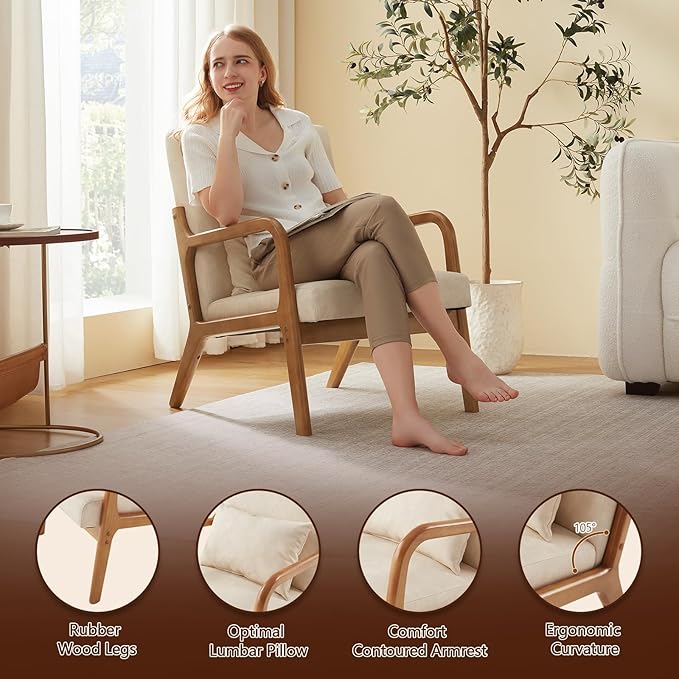 Accent Chair Mid Century Modern Armchair with Lumbar Support Pillow Wood Legs PU Leather Upholstered Lounge Chairs Comfy High Back Cushion for Living Room Bedroom
