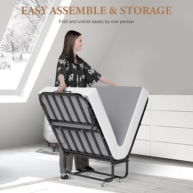 Folding Bed with Memory Foam Mattress, Portable Rollaway Guest Beds on Wheels, 75"x31" Twin Size Space-Saving Cot-Size Bed for Adults with Easy Assembly Metal Frame (Grey)