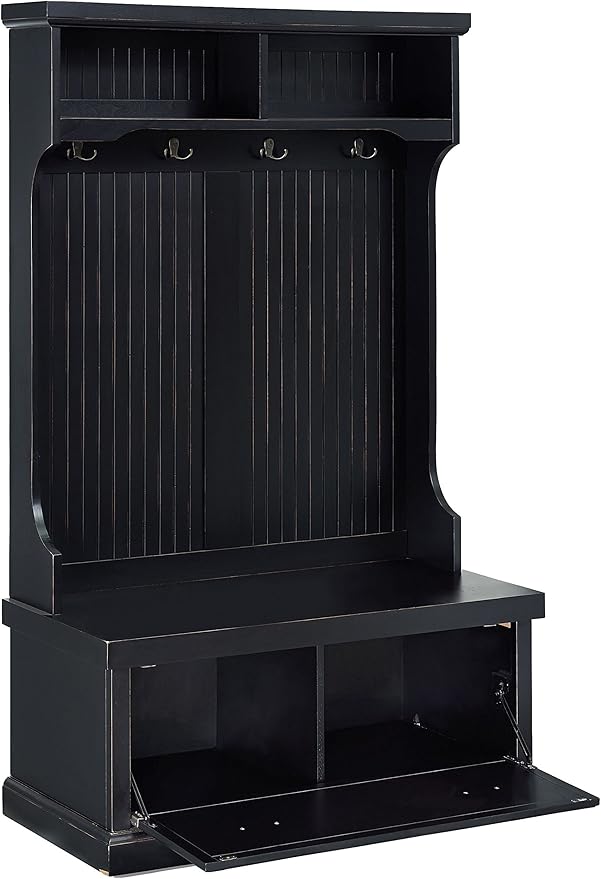 Crosley Furniture Seaside Hall Tree with Shoe Rack Bench and Coat Hooks for Hanging Storage, Distressed Black