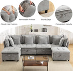 103" Modular Sectional Sofa, L-Shaped Corduroy Comfy Sectional Couches for Living Room, 3-Seater Cloud Couches with 1 Ottoman, Modern Deep Seat Sofa with Large Storage, Grey