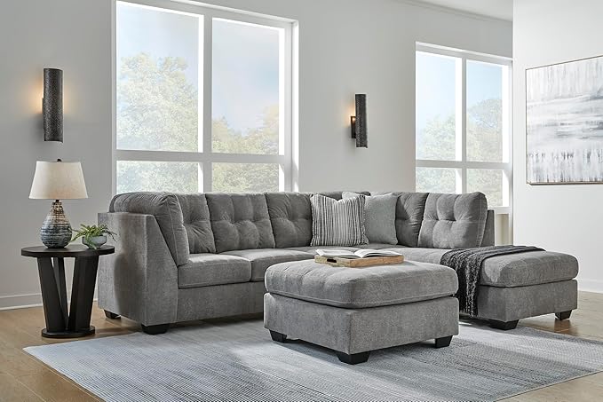 Signature Design by Ashley Marleton Contemporary Right-Arm Facing Tufted 2-Piece Sleeper Sectional with Chaise, Loose Seat Cushions and Bi-Fold Memory Foam Mattress, Full, Light Gray