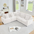 Oversized Corner Modular Sectional Sofa, L Shape Plush Corduroy Fluffy Sectional Couch with Pillows, 5 Seat Modular Sofa with Deep Seat for Living Room-White