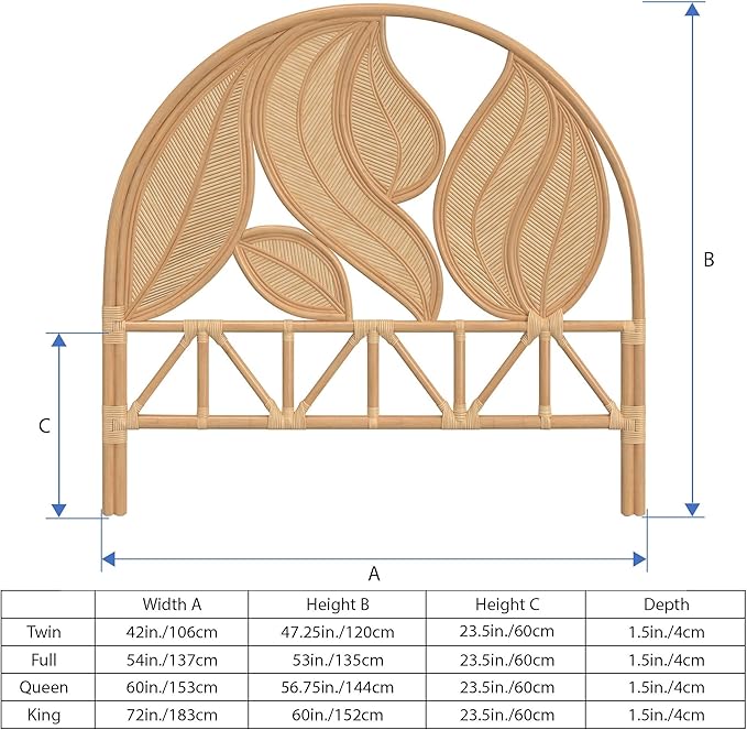 Kouboo Palm Springs Rattan Headboard for Twin Size Beds Natural Boho Style with Intricate Palm Leaf Pattern and Arch Perfect for Coastal Beach Bedroom Made from Rattan 42 in Wide from