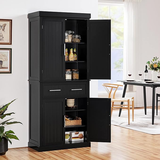 Yaheetech Kitchen Pantry Storage Cabinet with Drawer, Freestanding Pantry Cabinets with 2 Adjustable Shelves, 72.5" Tall Storage Cupboard for Kitchen/Dining Room/Bathroom/Hallway, Black