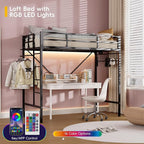Loft Bed Twin,Loft Bed with Built-in Power Outlet LED Lights,Clothing Hanger,Storage Pouch,Heavy Duty Metal Safety Guard Rail for Kids Teens Adults,No Box Spring Needed,Black
