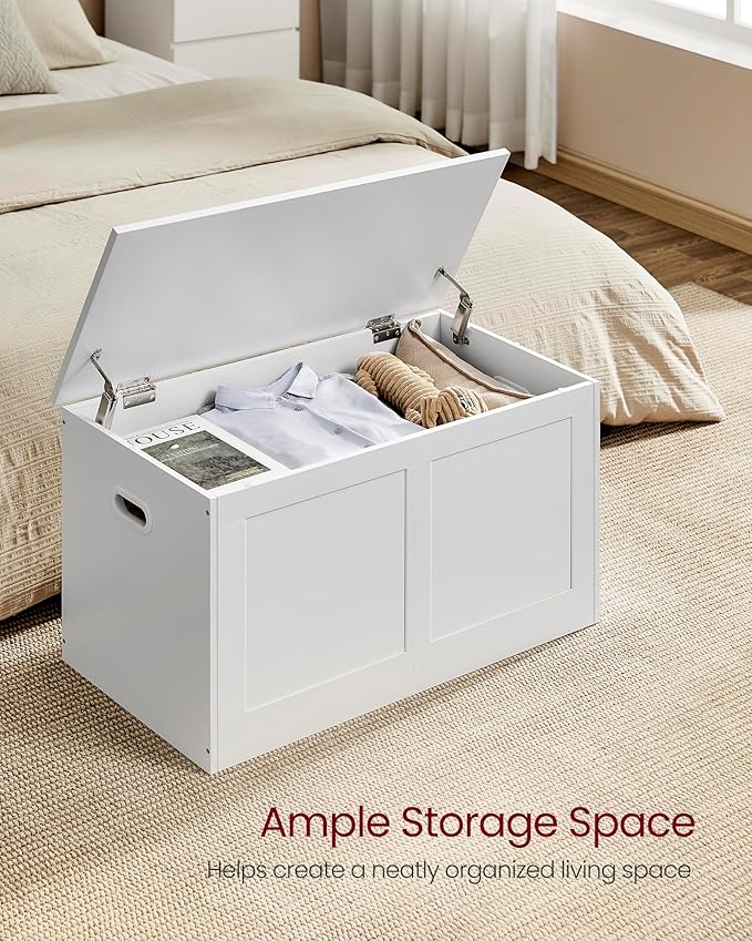 VASAGLE Storage Chest, Storage Trunk with 2 Safety Hinges, Storage Bench, Shoe Bench, Farmhouse Style, 15.7 x 31.5 x 18.3 Inches, for Entryway, Bedroom, Living Room, Cloud White ULSB064W01