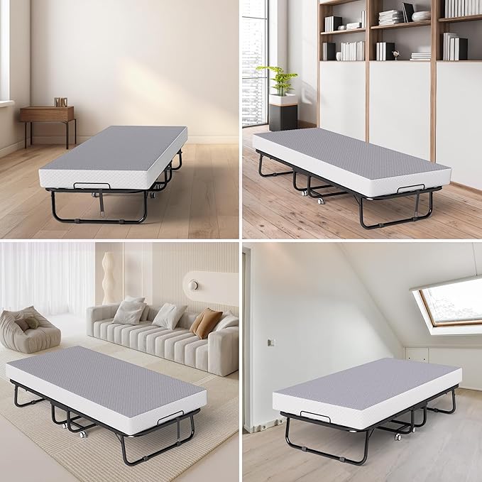 Folding Bed with Memory Foam Mattress, Portable Rollaway Guest Beds on Wheels, 75"x31" Twin Size Space-Saving Cot-Size Bed for Adults with Easy Assembly Metal Frame (Grey)