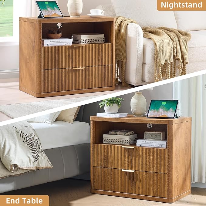 LEYAOYAO 31" Wide Fluted Nightstand with Charging Station, Oversized Extra Large 2 Drawers Night Stand,Brown Wood Bedside Table,Tall Bed Side End Tables,Modern Chest of Drawers Dressers for Bedroom