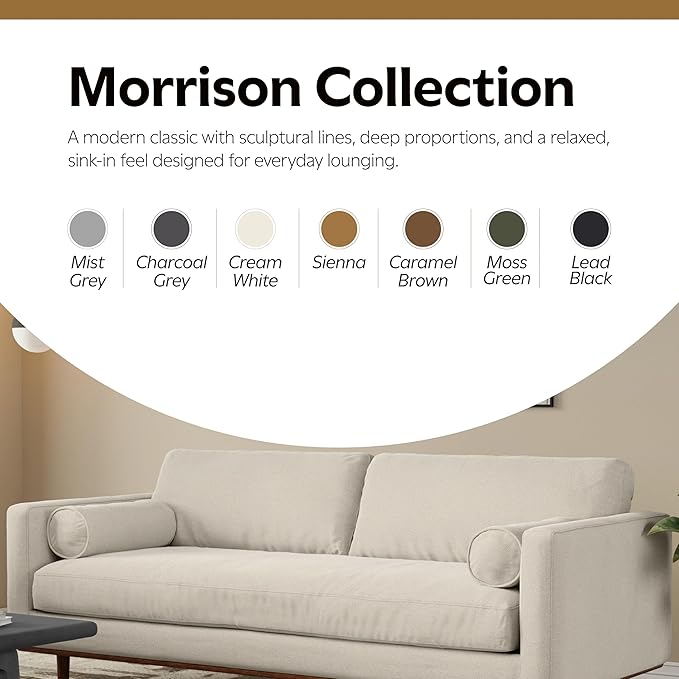 SIMPLIHOME Morrison 89-inch Wide Sofa in Cream White Woven-Blend Fabric, Handcrafted Mid-Century Modern Couch for Living Room or Family Room, Single Bench Cushion, Bolster Pillows