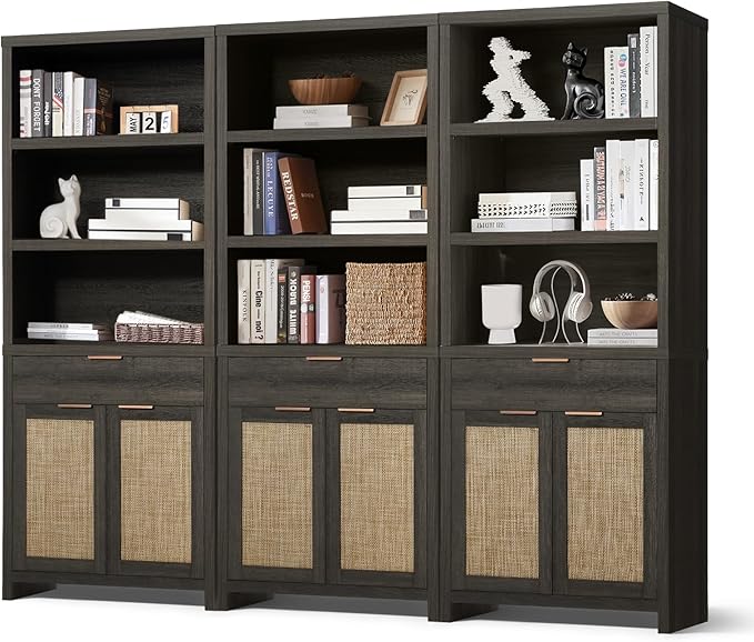 Hampstead Bookcase, Rattan Bookcase with Doors Cabinet and Drawer, 5-Tier Bookshelf, Large Wooden Book Case, Tall Bookshelves for Library Living Room (Midnight Oak, 3 Pieces)