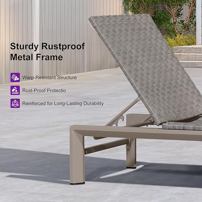 PURPLE LEAF Patio Chaise Lounge Rattan Chair Set of 2 Outdoor Pool Adjustable Recliner Wicker Chairs for Outside Woven Furniture Tanning Poolside Lounger Granite Gray
