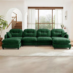 140" U Shaped Couch for Living Room, Comfy Chenille Fabric Cloud Sectional Couch, Modern Upholstered Deep Seat Sofa with Pillow and 2 Movable Ottoman, Oversized 4 Seater Sectional Sofa, Green