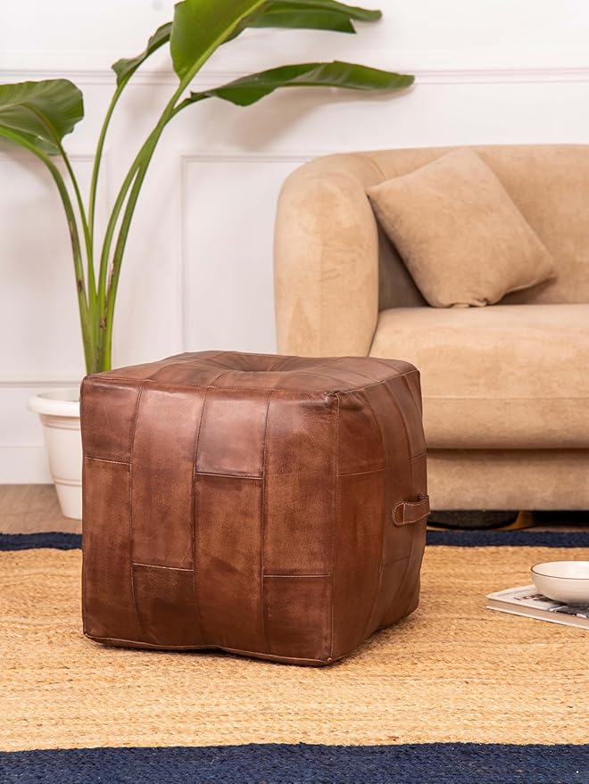 Handmade Eco-Friendly Geometric Leather Pouf Brown Color Square 18" x 18" x 18" Buffalo Leather Pouf for Living Room, Bedroom Seating, Patio
