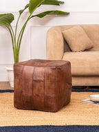 Handmade Eco-Friendly Geometric Leather Pouf Brown Color Square 18" x 18" x 18" Buffalo Leather Pouf for Living Room, Bedroom Seating, Patio