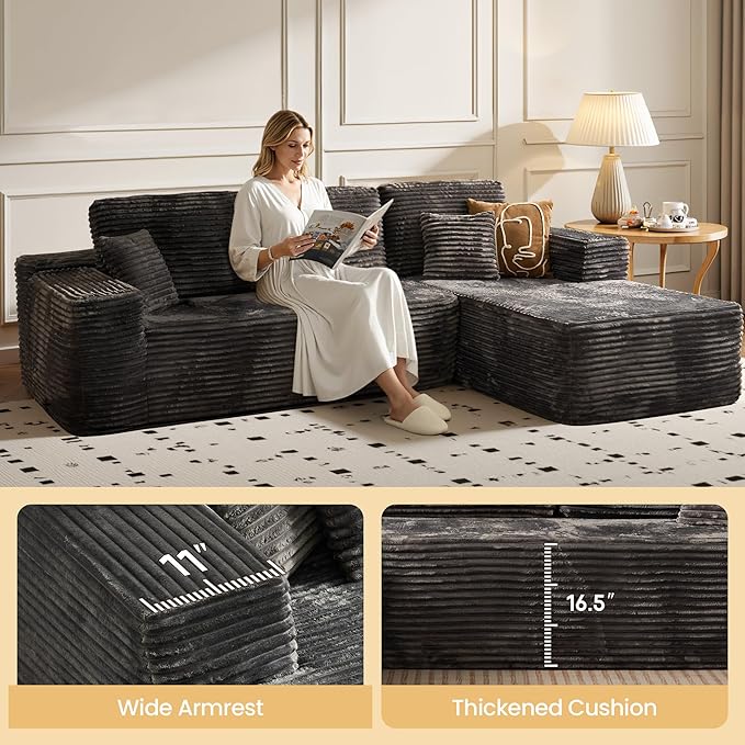 104" Cloud Sectional Couch with Chaise, Boneless L-Shaped Cloud Couch with Deep Seat, Soft Plush Modern Minimalist Sofa, Assembly Free Comfy Sofa for Office Living Room Apartment(Grey, Right Chaise)