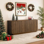 LKTART 64" Sideboard Buffet Cabinet with Storage, Wooden Fluted Storage Cabinet Sideboard Credenza with Adjustable Shelves Pressed Spring for Kitchen Living Room (Walnut)