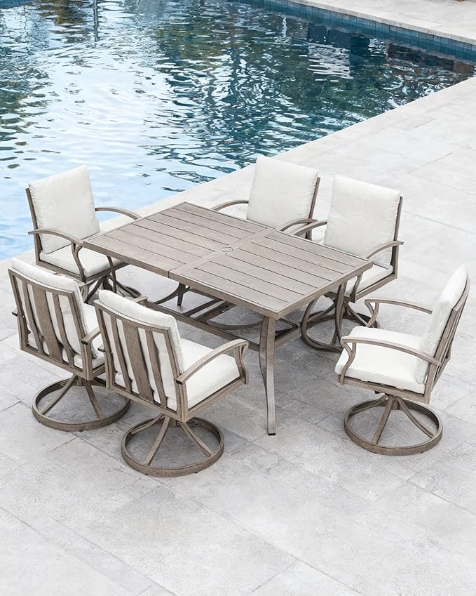 7-Piece Patio Swivel Dining Set for 6, Aluminum Outdoor Dining Set with Umbrella Hole, Patio Dining Furniture with Cushions, Outdoor Table and 6 Swivel Chairs for Deck Garden Yard, Limed Oak