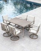 7-Piece Patio Swivel Dining Set for 6, Aluminum Outdoor Dining Set with Umbrella Hole, Patio Dining Furniture with Cushions, Outdoor Table and 6 Swivel Chairs for Deck Garden Yard, Limed Oak