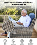 HUMMUH 7 Pieces Wicker Patio Furniture Set with Patio Swivel Chairs Set of 4,High Back Outdoor Sofa Ottomans,6 Inch Thick Cushions Outdoor Conversation Set for Porch, Balcony, Deck