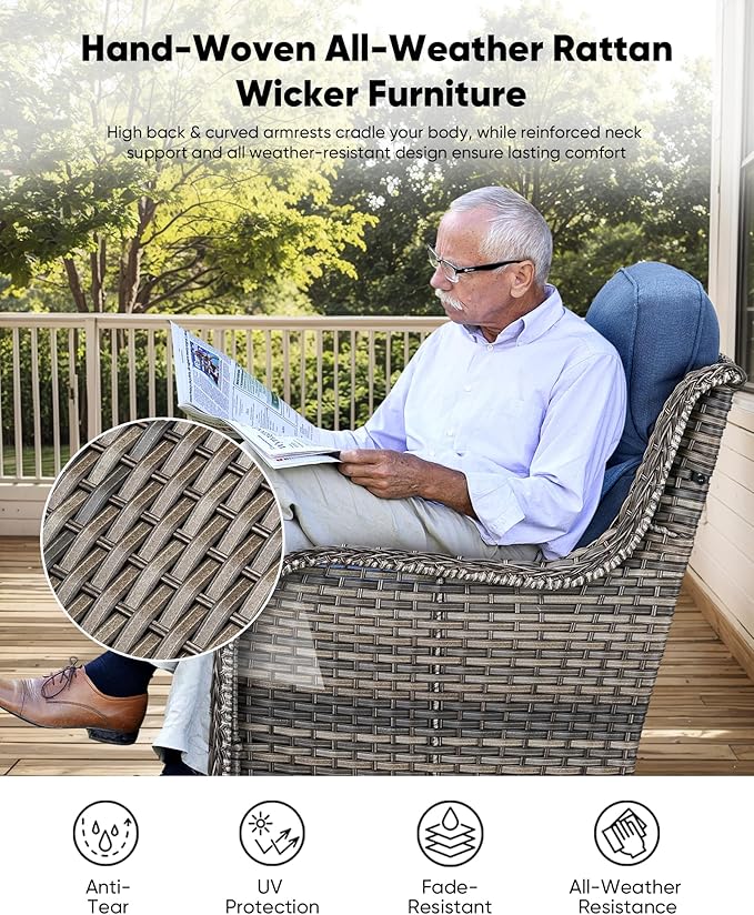 HUMMUH 7 Pieces Wicker Patio Furniture Set with Patio Swivel Chairs Set of 4,High Back Outdoor Sofa Ottomans,6 Inch Thick Cushions Outdoor Conversation Set for Porch, Balcony, Deck